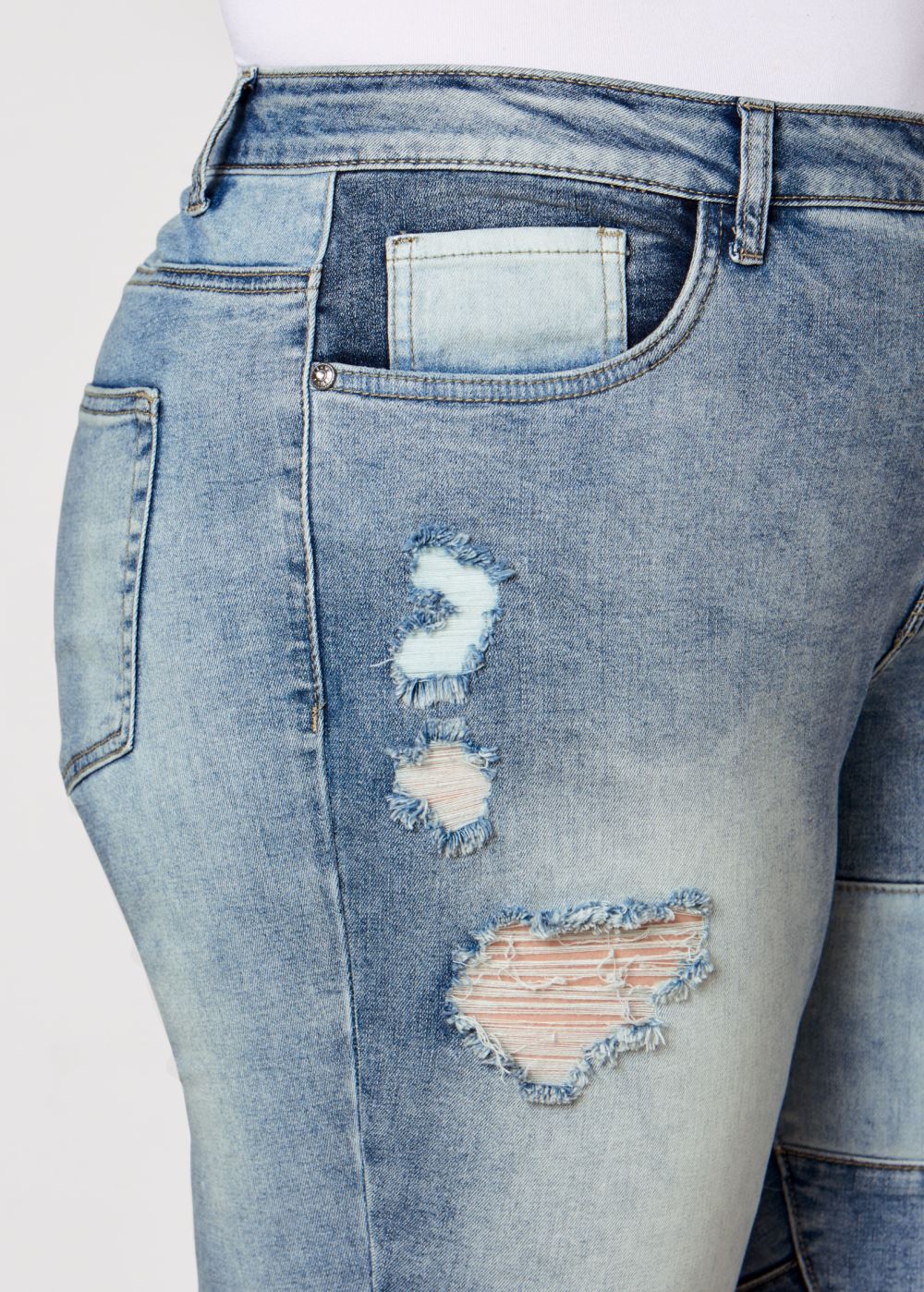 Venus Plus Size Distressed Patchwork Jeans in Medium Wash