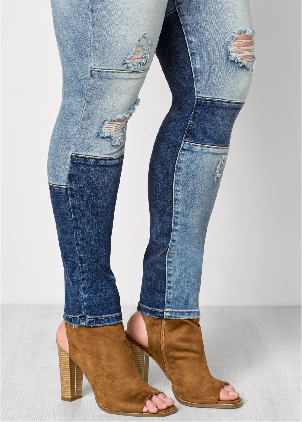 Venus Plus Size Distressed Patchwork Jeans in Medium Wash