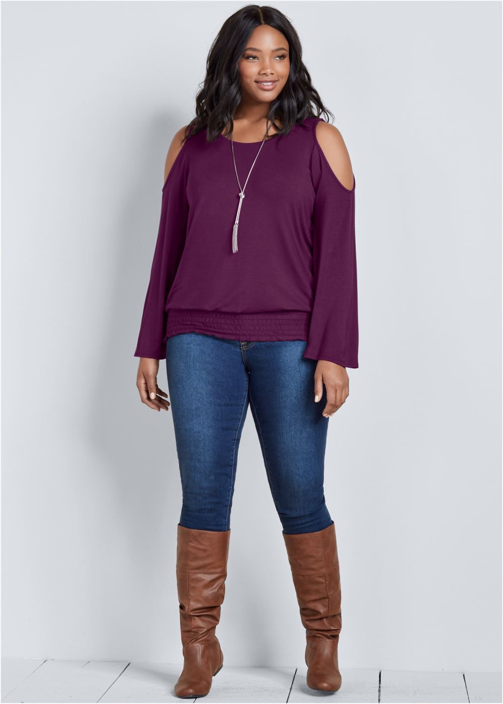 Venus Dark Purple Cold-shoulder blouson top