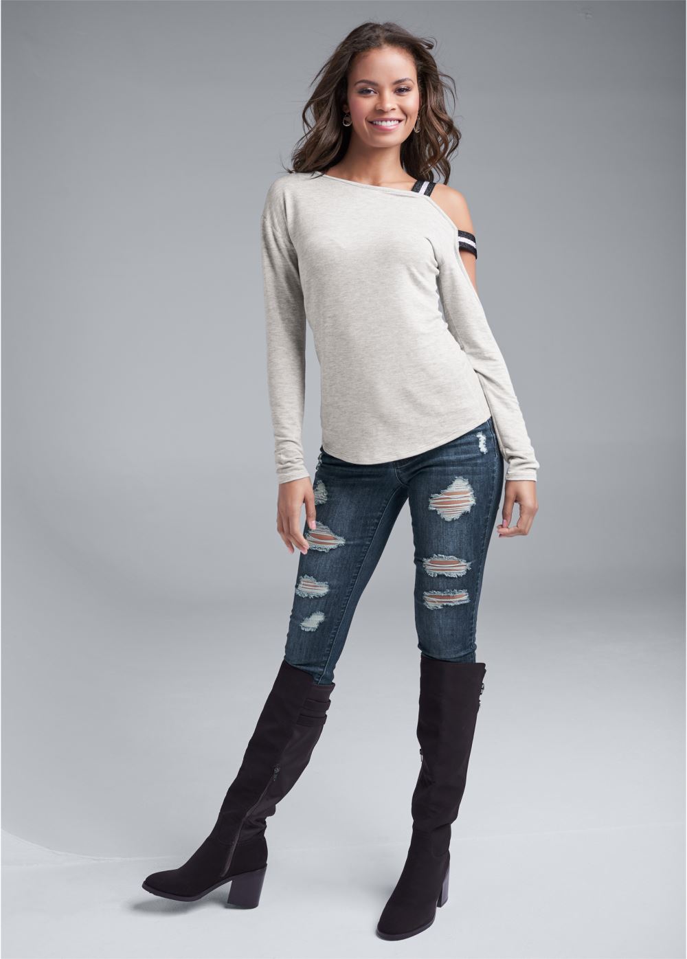 Venus Plus Size Strap Detail Lounge Top in Heather Grey Multi