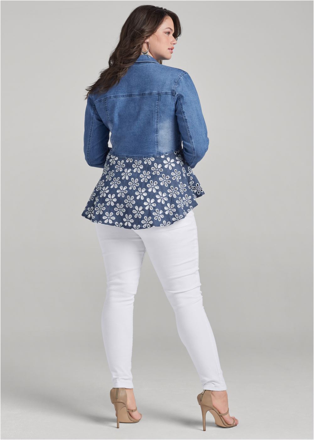 Venus Daisy Peplum Jean Jacket in Denim Blue