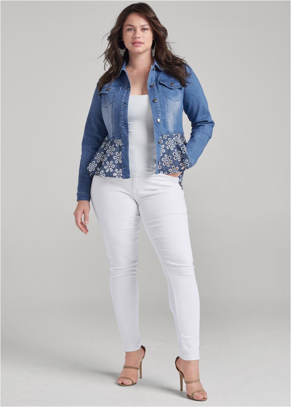 Venus Daisy Peplum Jean Jacket in Denim Blue