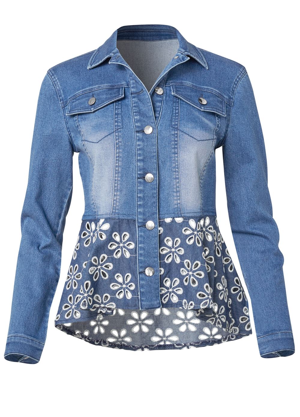 Venus Daisy Peplum Jean Jacket in Denim Blue