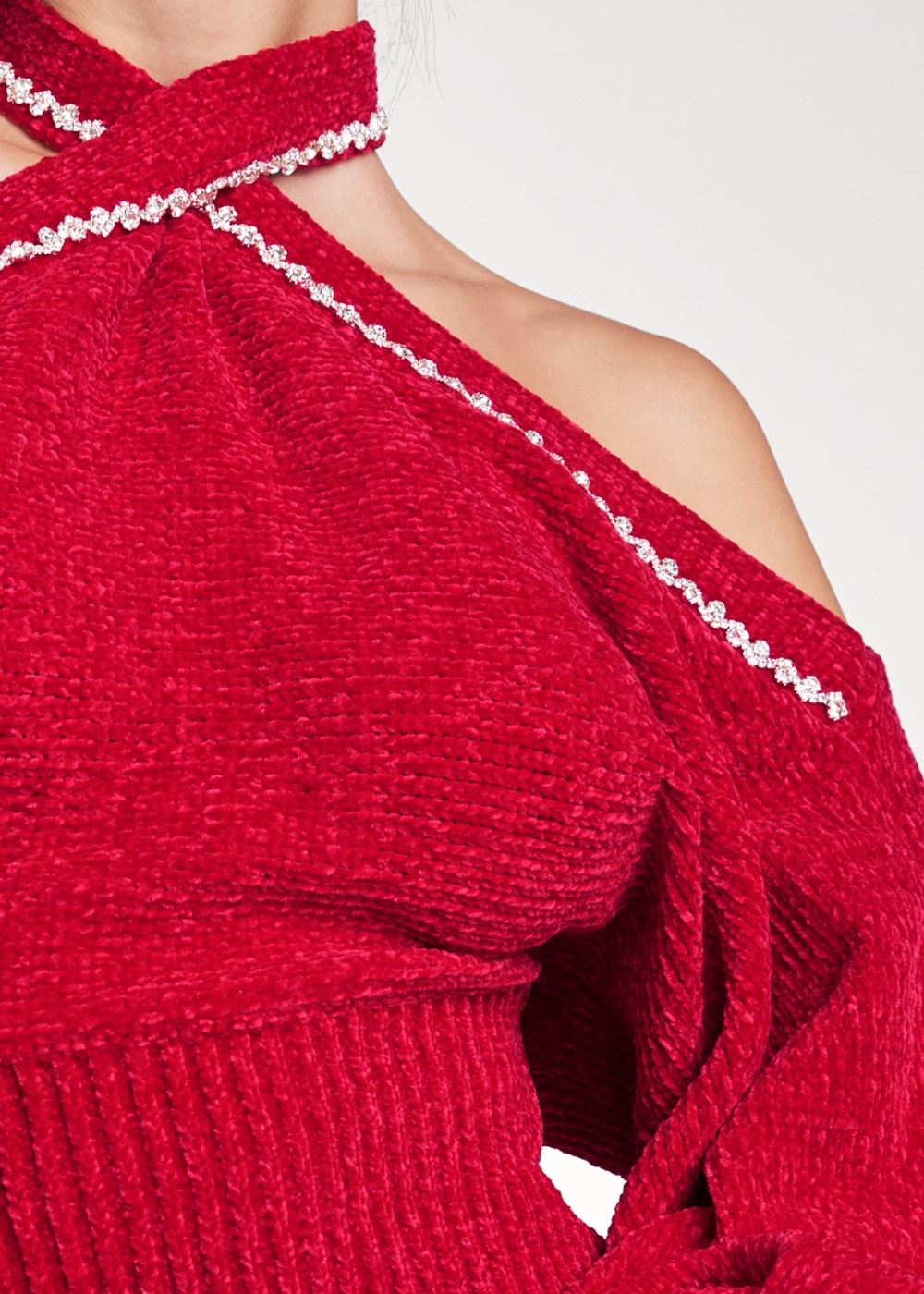 Venus Plus Size Crisscross Front Cold Shoulder Sweater in Red
