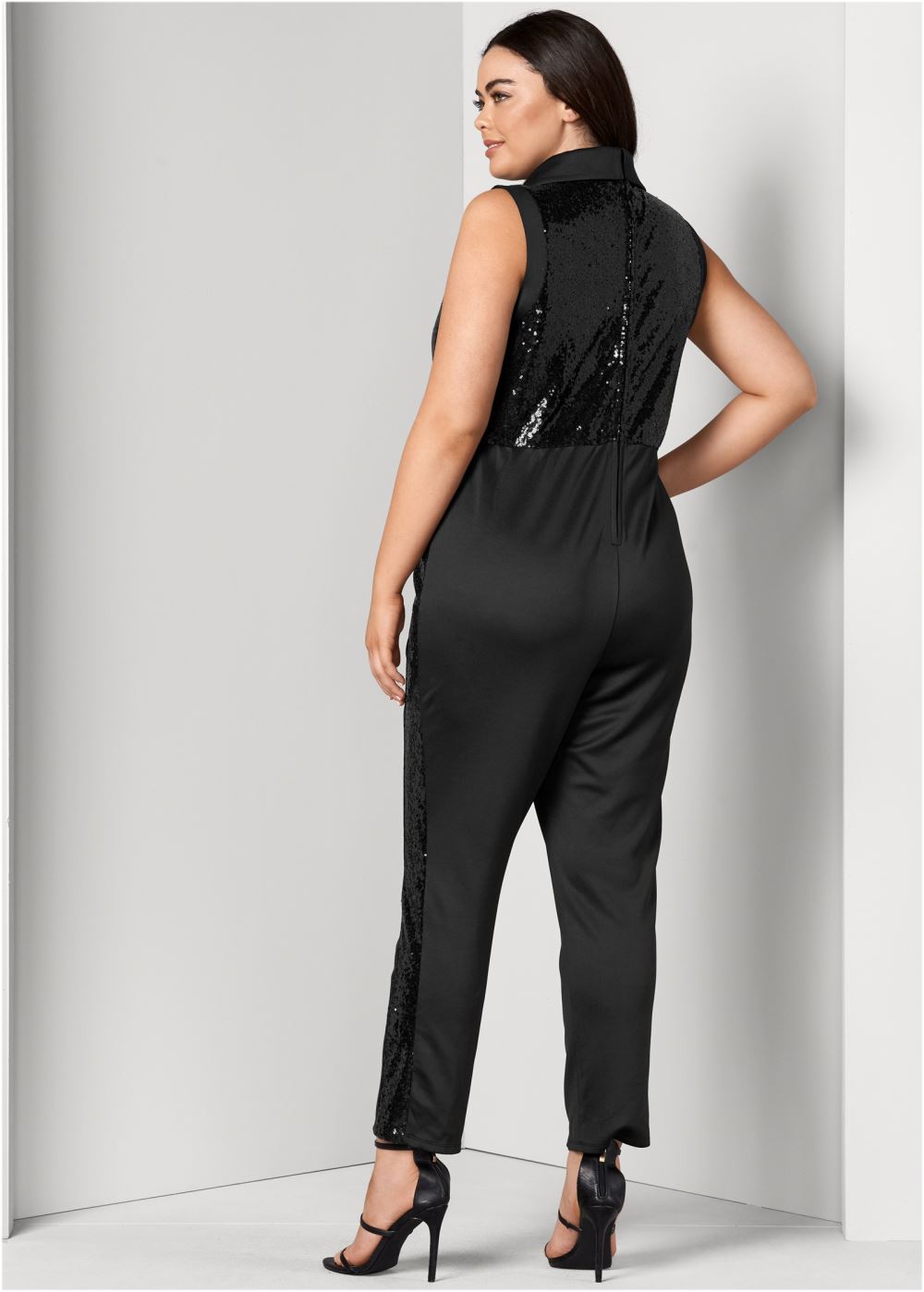 Venus Plus Size Sequin Tuxedo Jumpsuit in Black