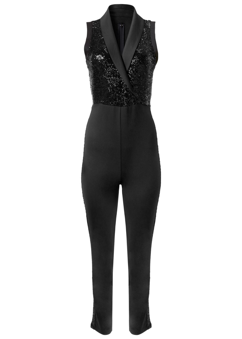 Venus Plus Size Sequin Tuxedo Jumpsuit in Black