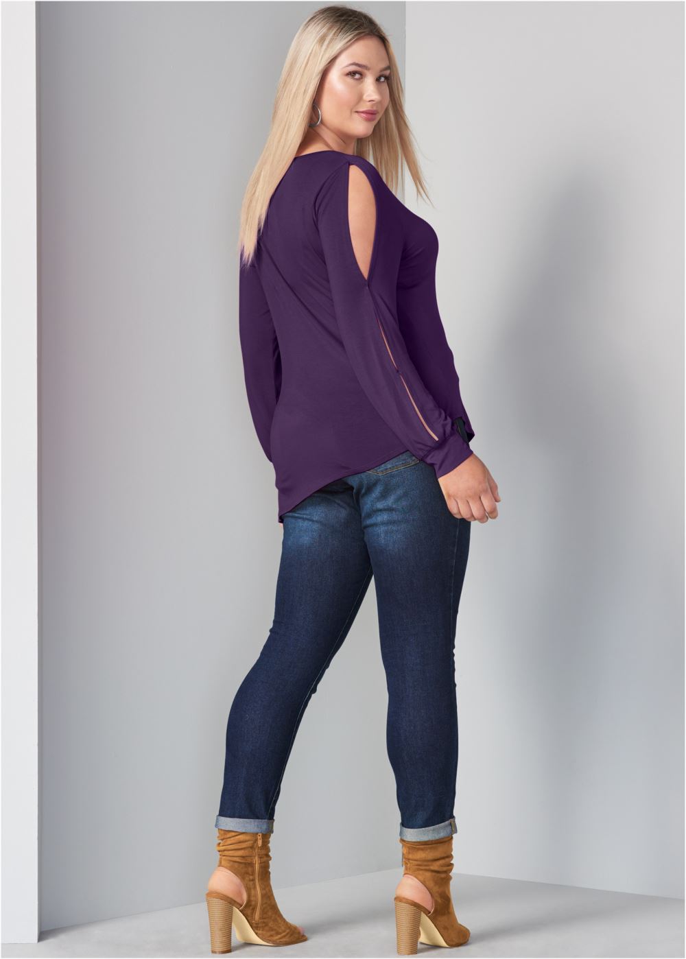 Venus Dark Purple V-NECK COLD-SHOULDER TOP