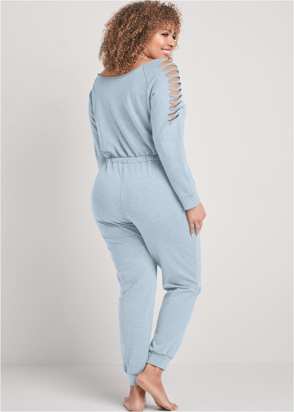 Venus Plus Size Slash Sleeve Jumpsuit in Light Blue