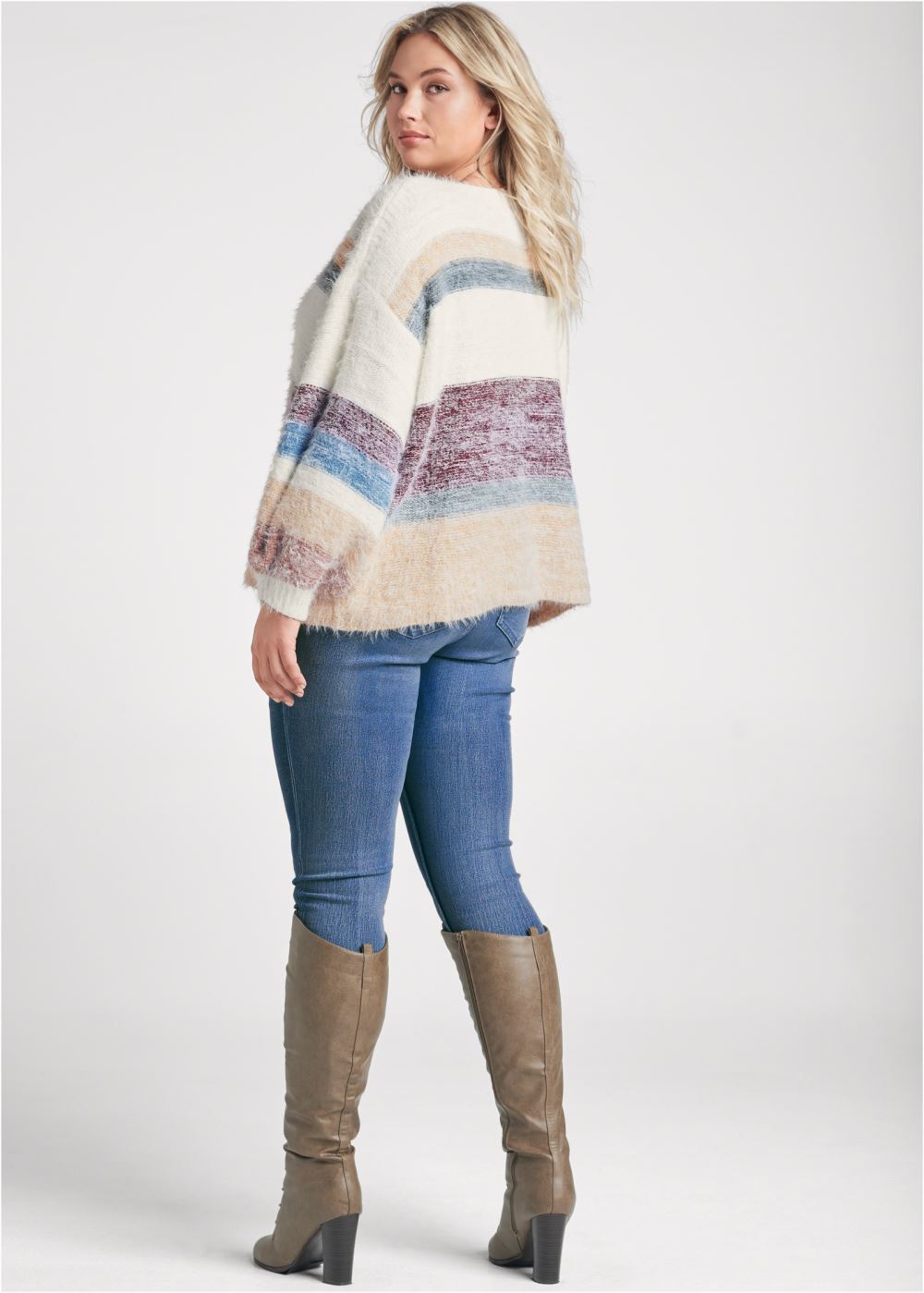 Venus Plus Size Striped Eyelash Sweater in White Multi