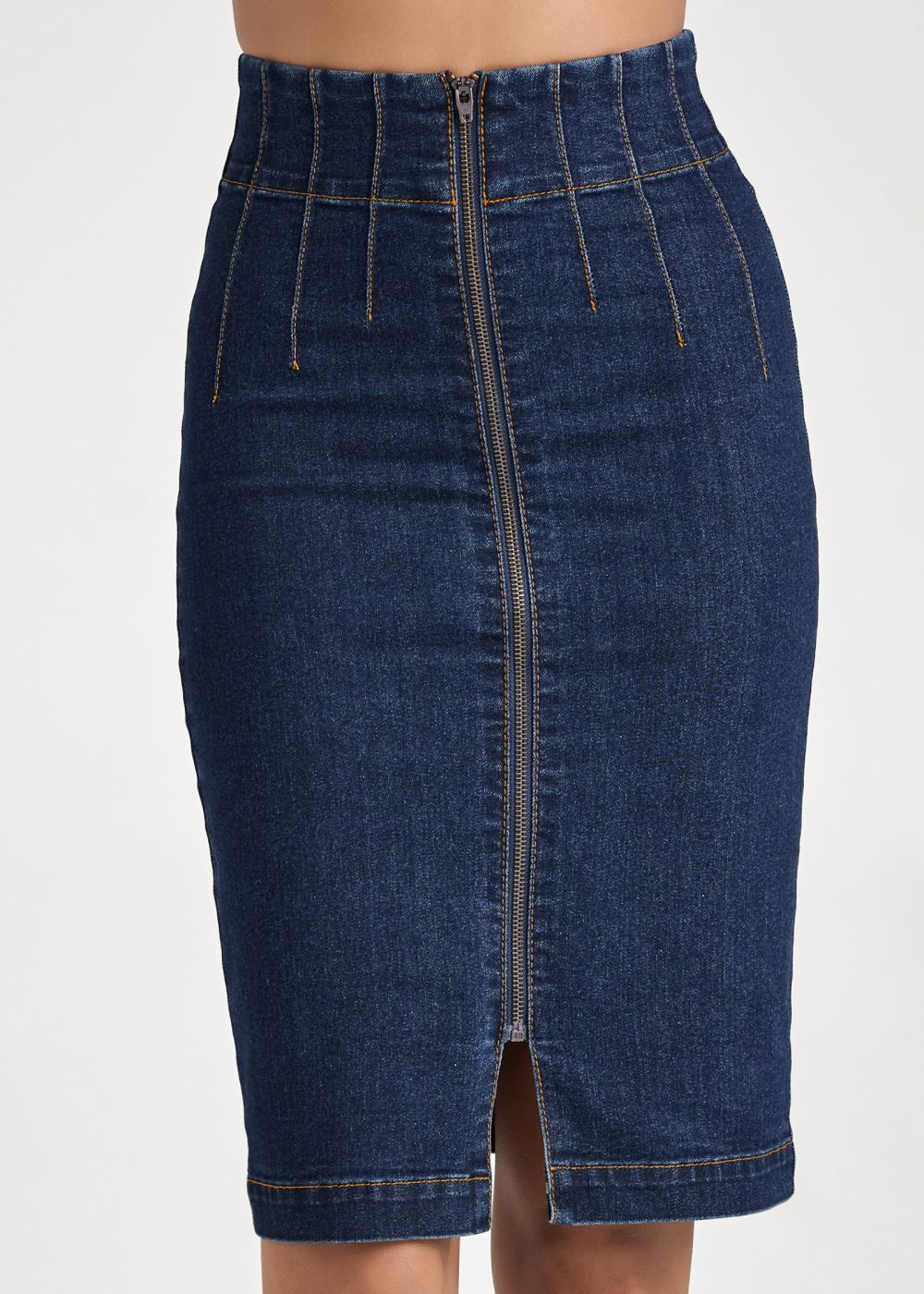 Venus Plus Size Pintuck Front Zipper Skirt - Dark Wash