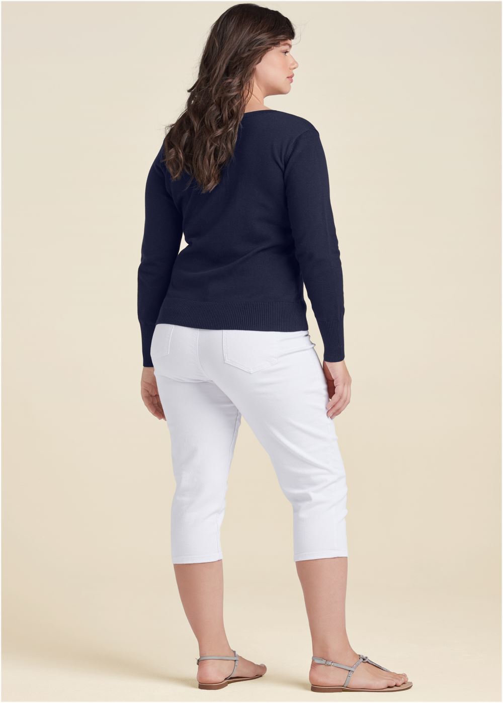 Venus Plus Size Anchor V-Neck Sweater in Navy & White