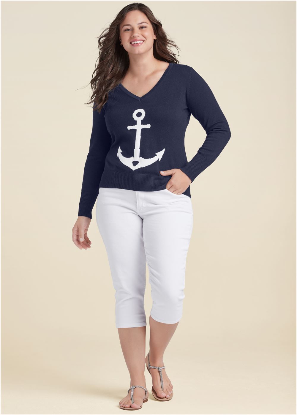 Venus Plus Size Anchor V-Neck Sweater in Navy & White