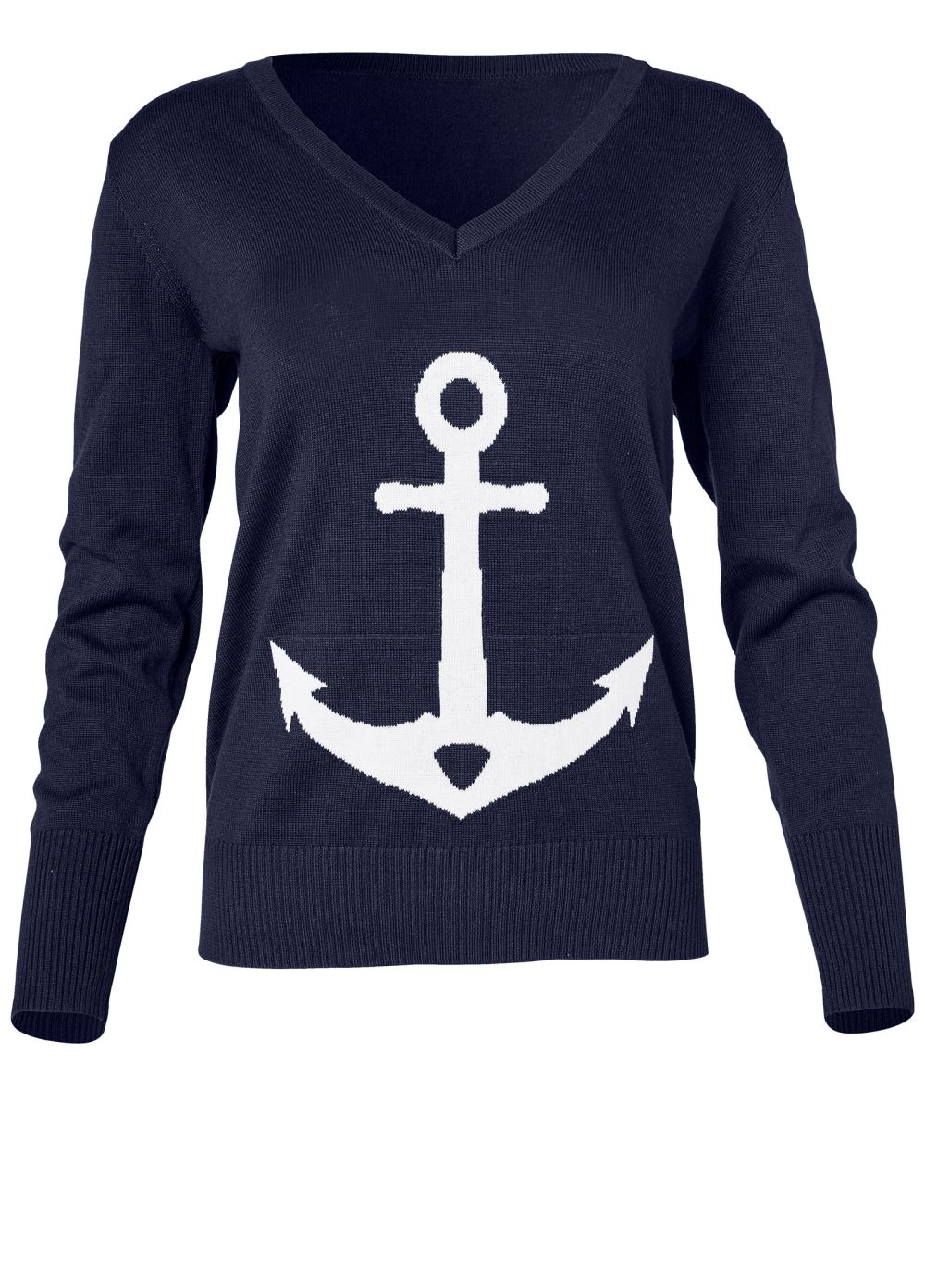 Venus Plus Size Anchor V-Neck Sweater in Navy & White