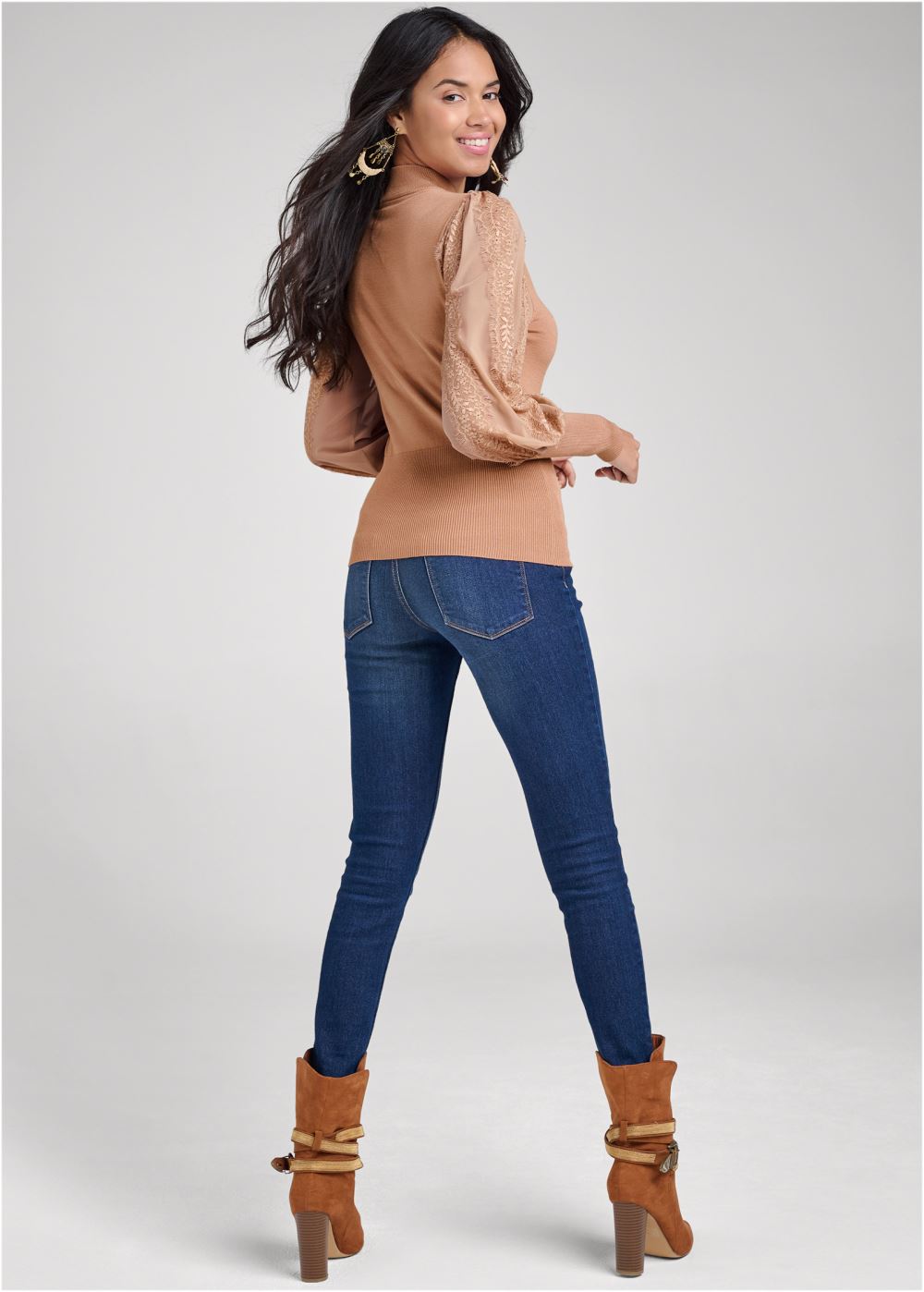 Venus Plus Size Lace Balloon Sleeve Sweater in Tan
