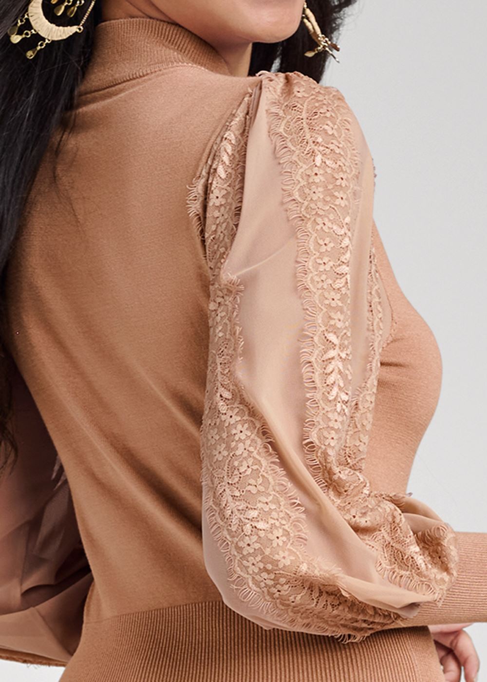Venus Plus Size Lace Balloon Sleeve Sweater in Tan