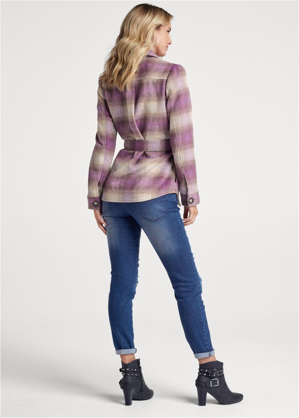 Venus Plaid Shacket With Belt in Purple Multi
