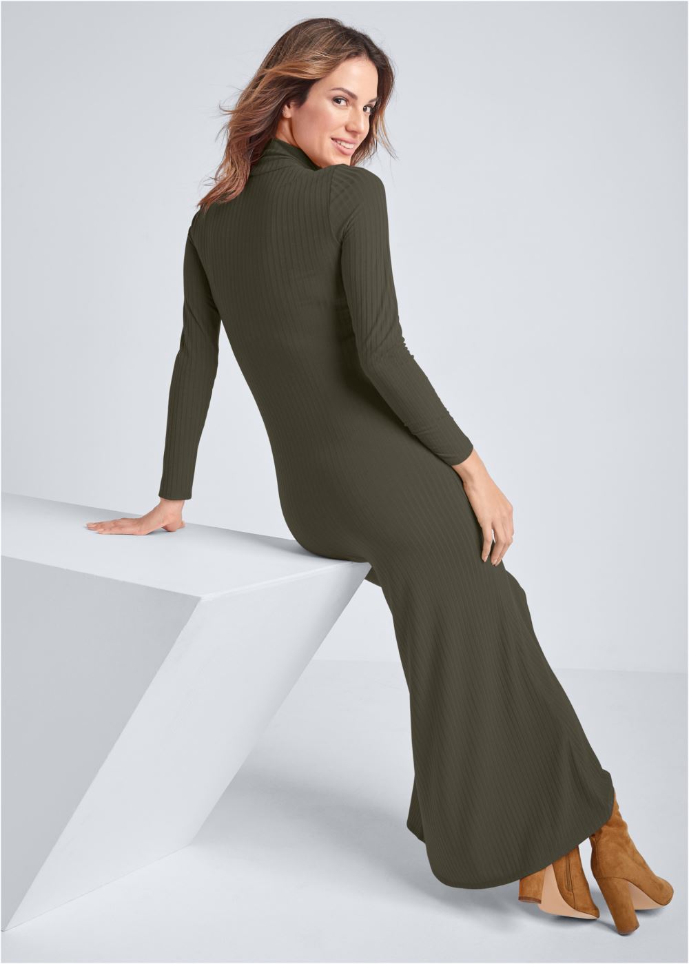 Venus Plus Size Ribbed Mock-Neck Long Dress