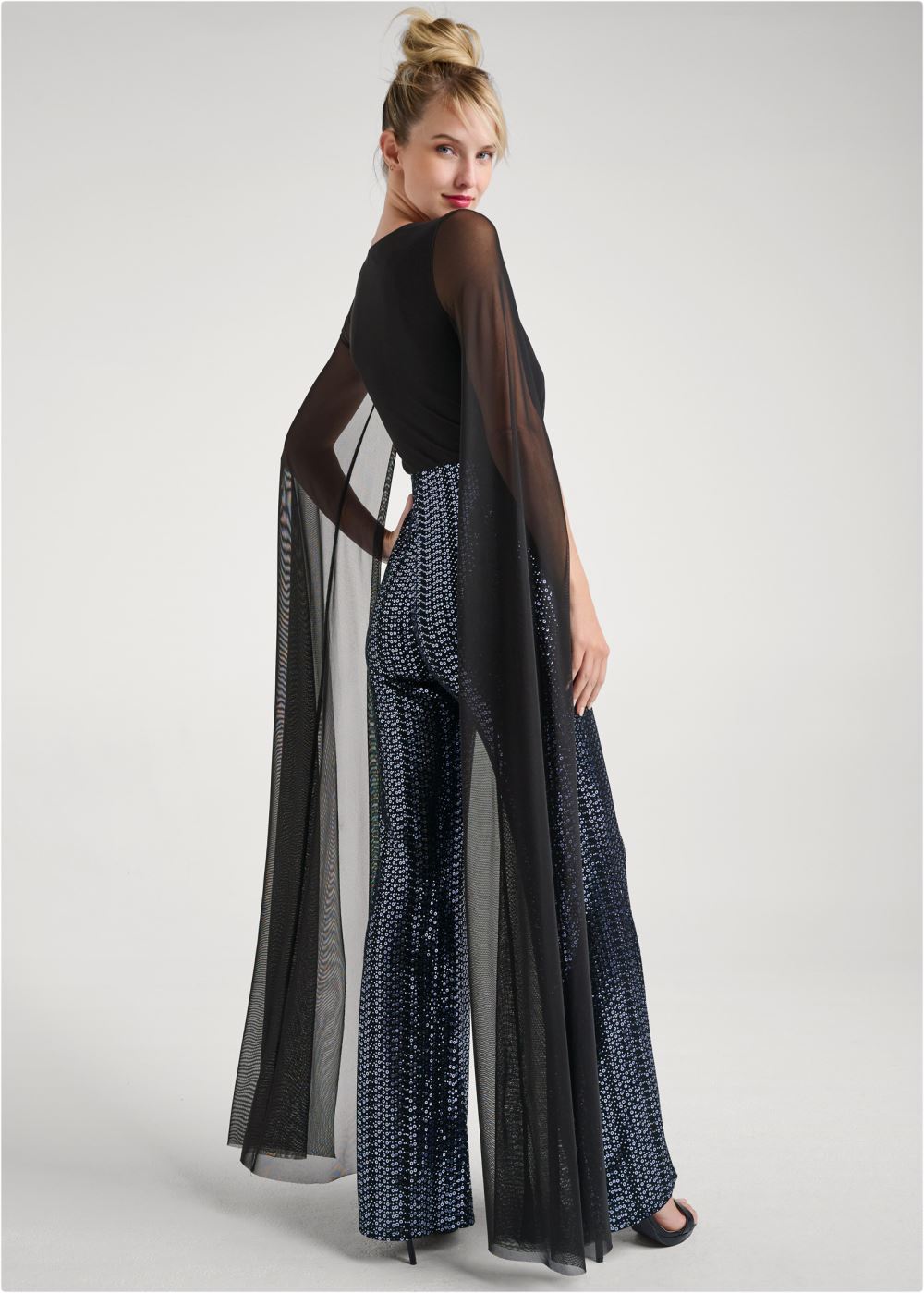 Venus Plus Size Cape Sleeve Sequin Jumpsuit in Black