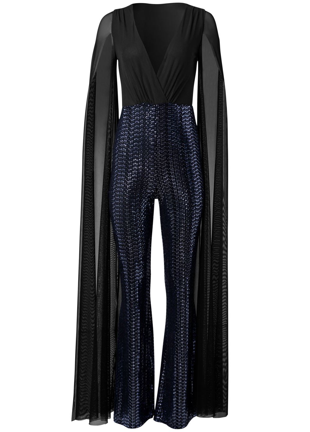 Venus Plus Size Cape Sleeve Sequin Jumpsuit in Black