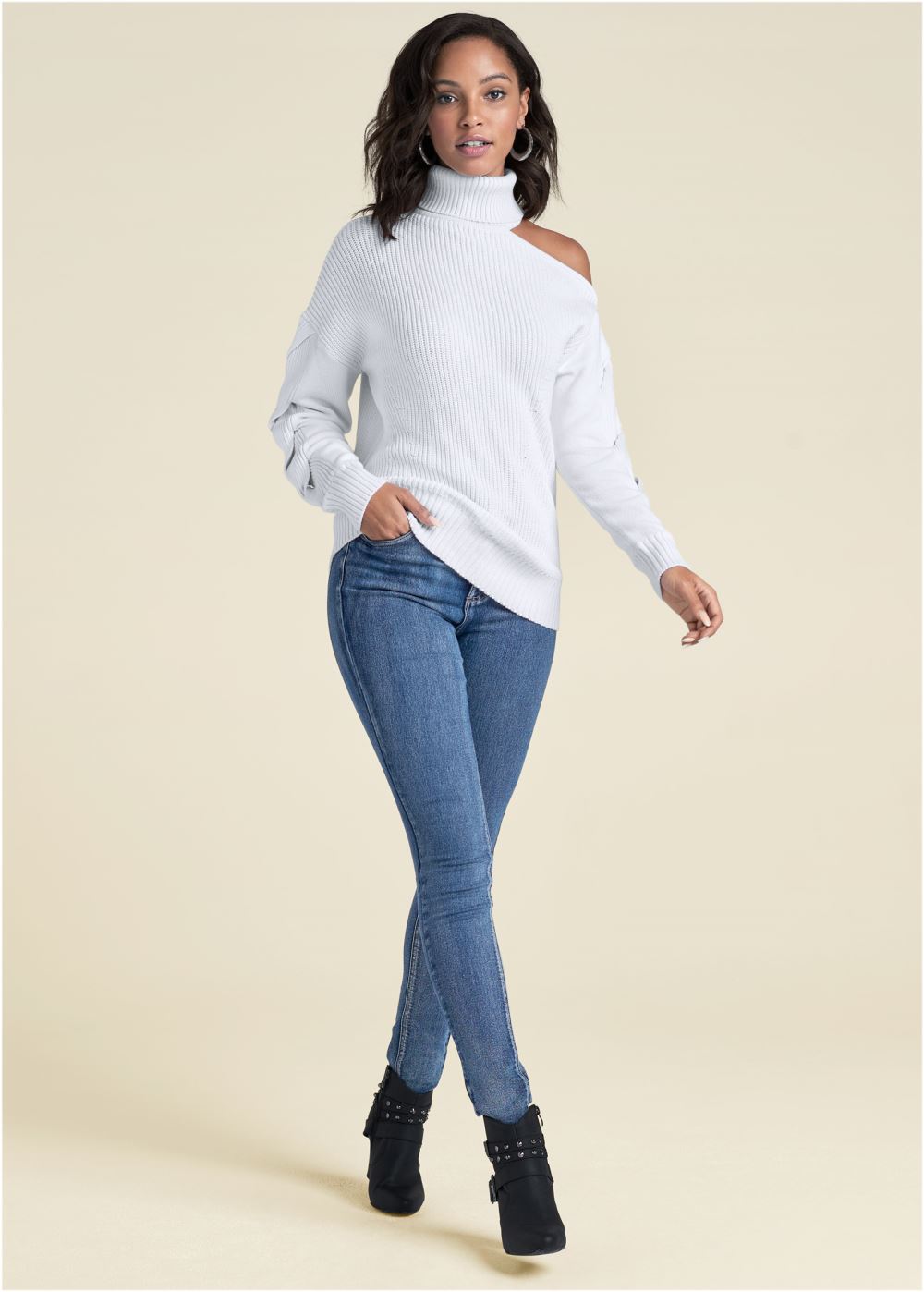 Venus Plus Size Cutout Shoulder Turtleneck in White