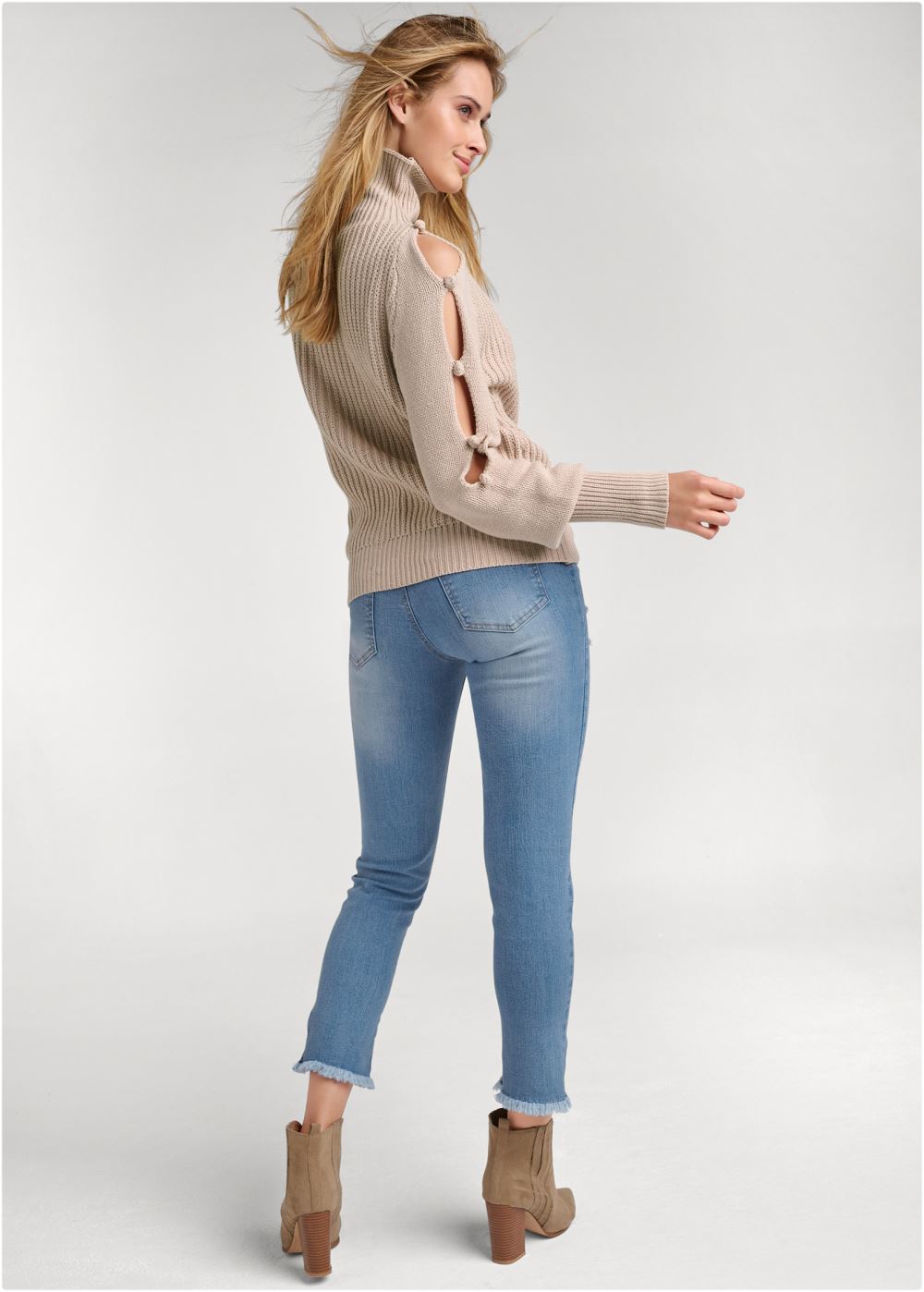 Venus Plus Size Pom-Pom Slit Sleeve Sweater in Taupe