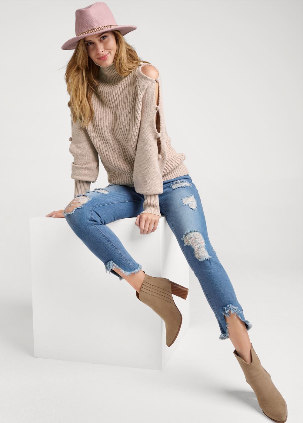 Venus Plus Size Pom-Pom Slit Sleeve Sweater in Taupe
