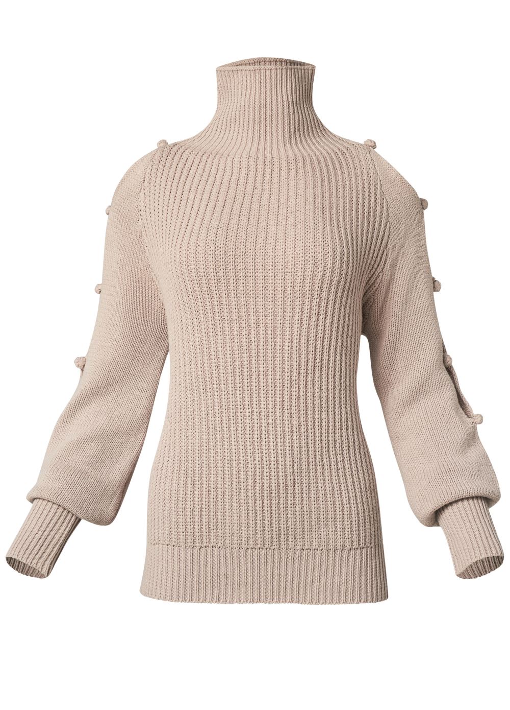 Venus Plus Size Pom-Pom Slit Sleeve Sweater in Taupe