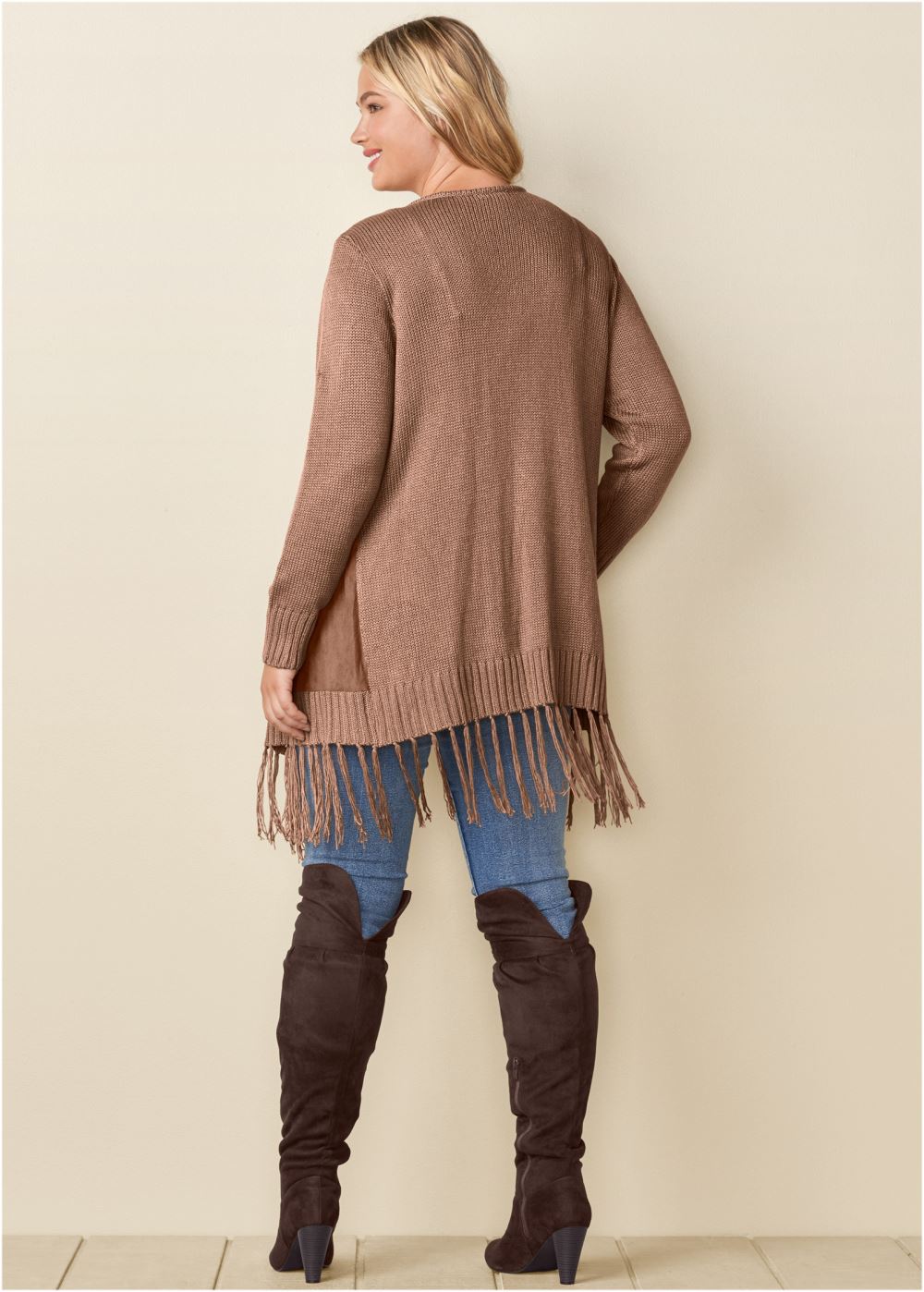 Venus Plus Size Faux-Suede Fringe Cardigan in Raw Umber
