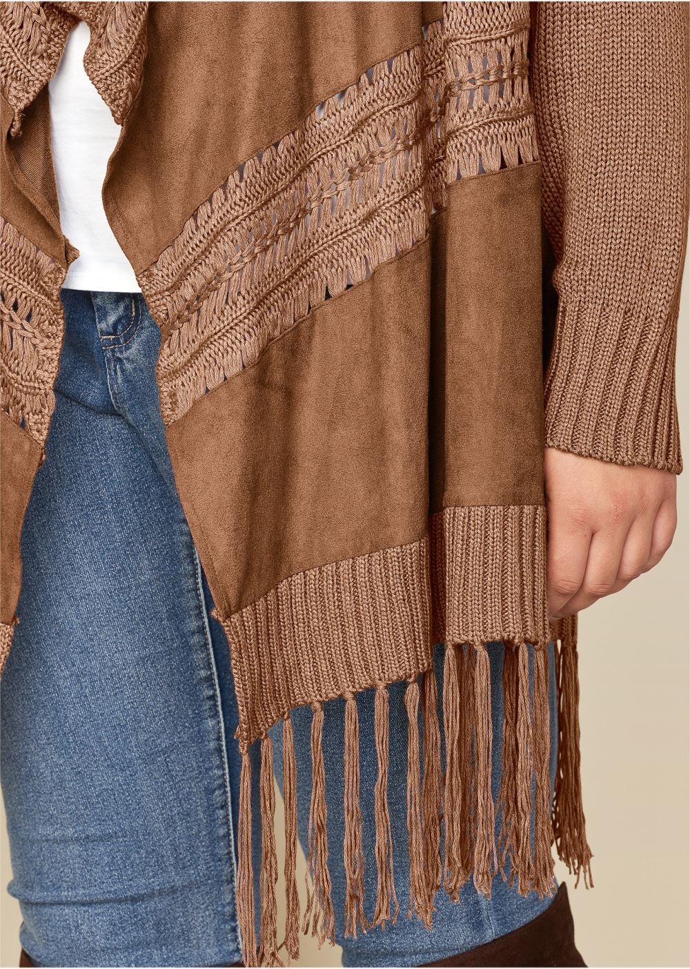 Venus Plus Size Faux-Suede Fringe Cardigan in Raw Umber