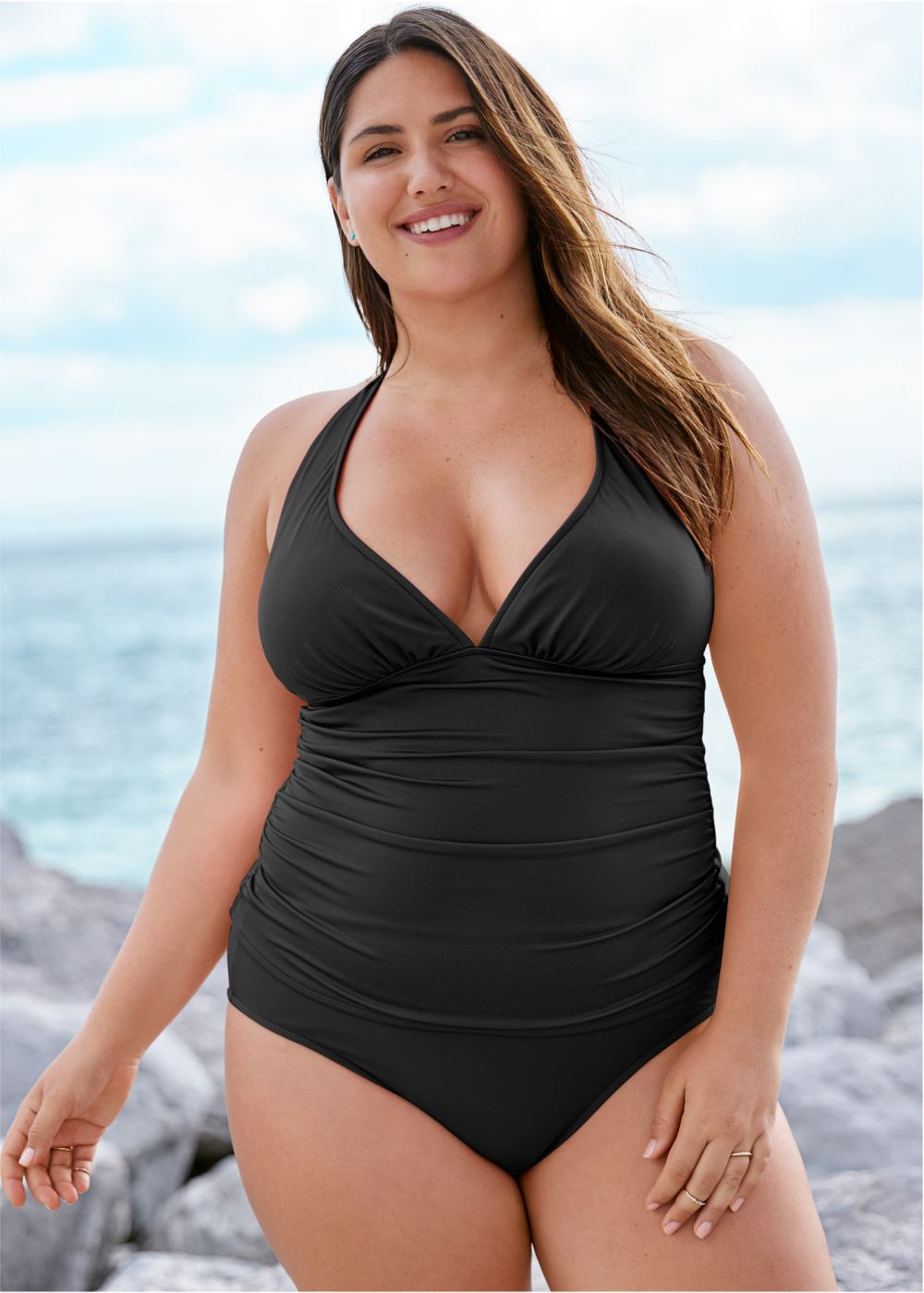 Venus Plus Size Smoothing V-Back Tankini Top Bikini - Black Beauty