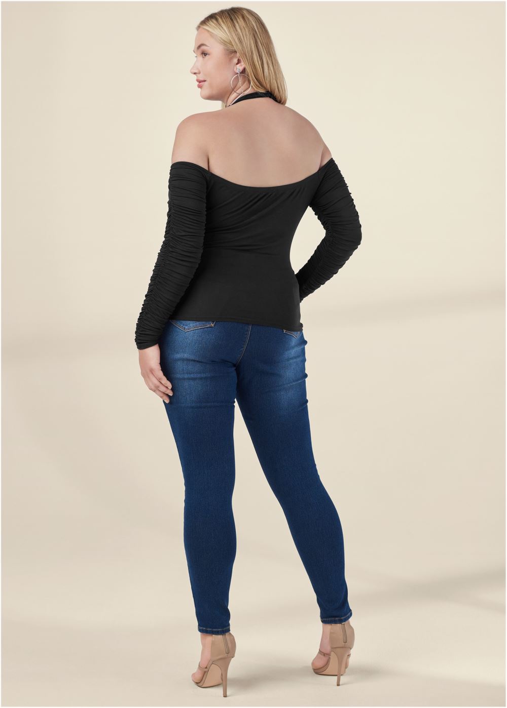 Venus Plus Size Zip-Up Ruched V-Neck Top