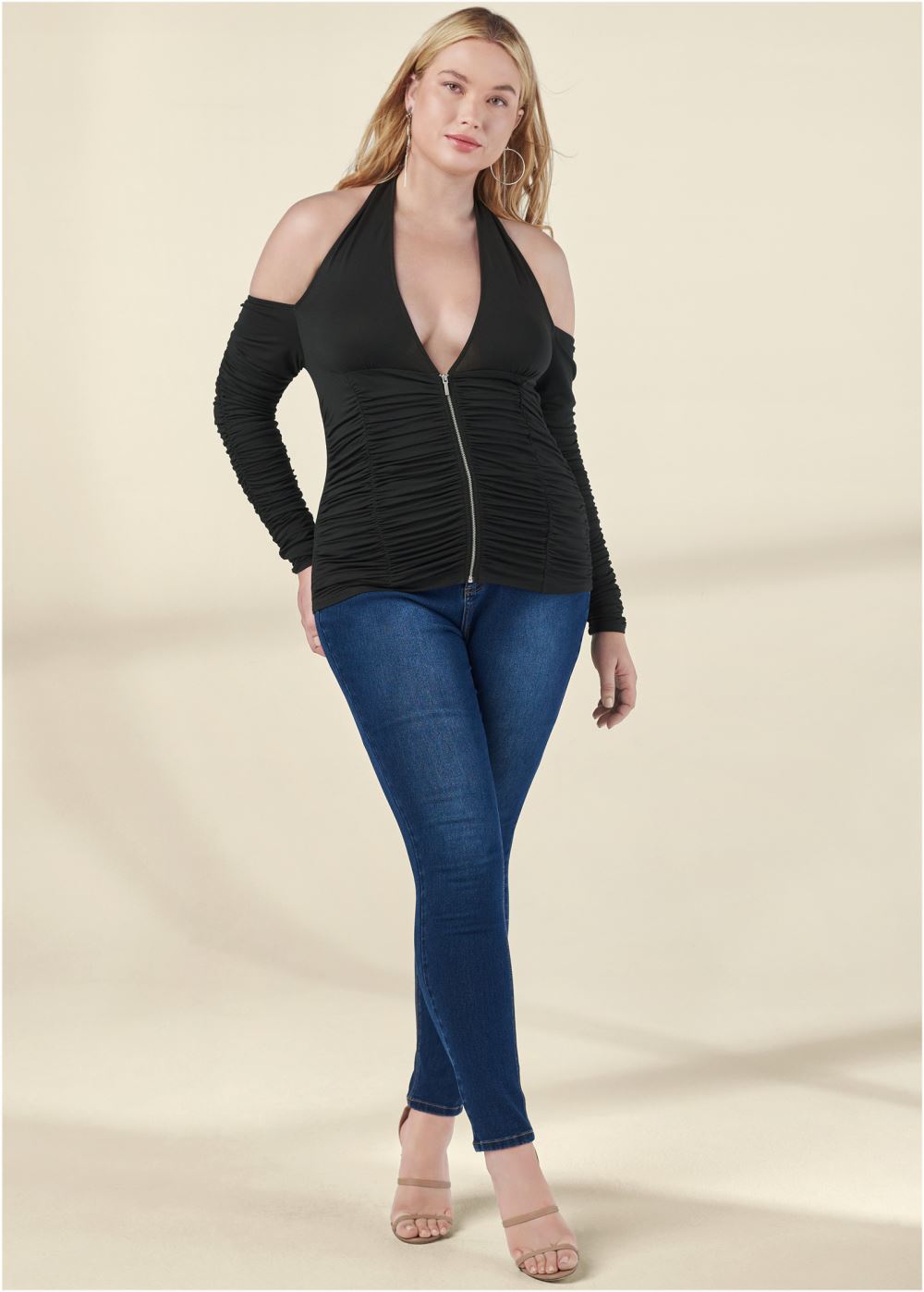 Venus Plus Size Zip-Up Ruched V-Neck Top