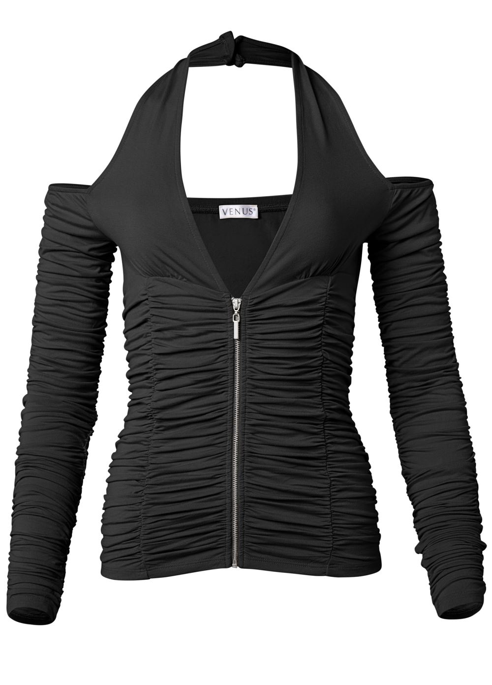 Venus Plus Size Zip-Up Ruched V-Neck Top