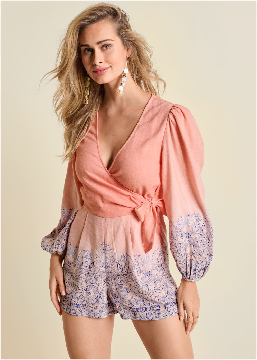 Venus Plus Size Linen Printed Romper in Blush Multi