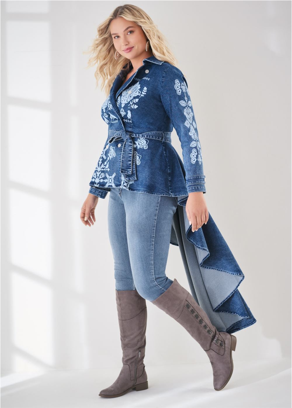 Venus High-Low Denim Trench Coat in Indigo Blue