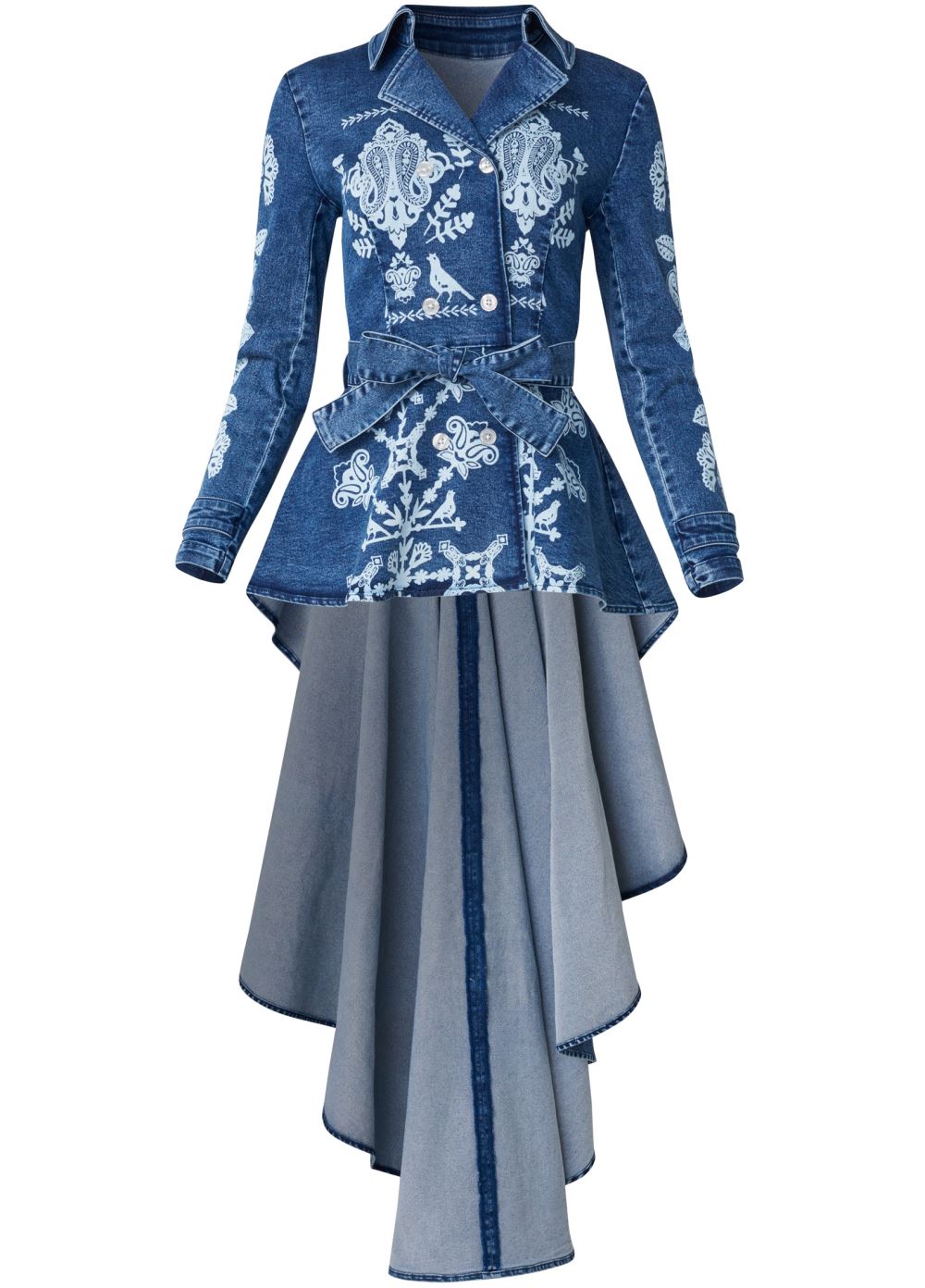 Venus High-Low Denim Trench Coat in Indigo Blue