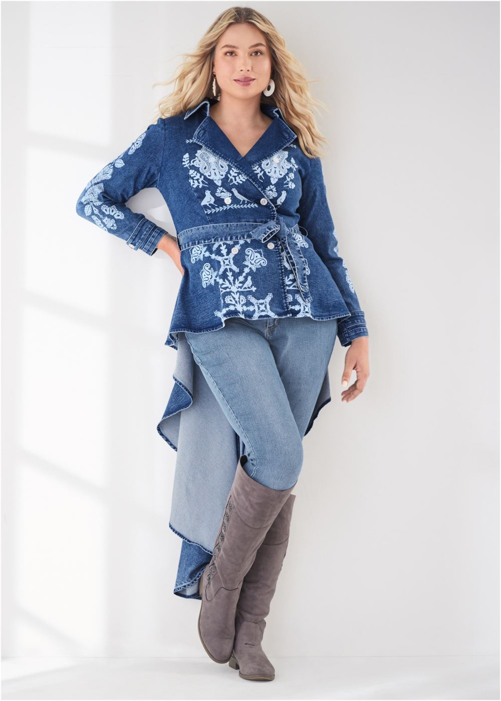 Venus High-Low Denim Trench Coat in Indigo Blue