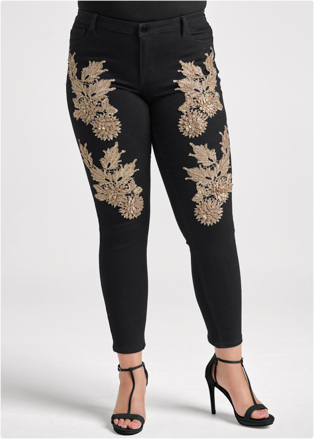 Venus Plus Size Floral Embellished Jeans in Black Multi