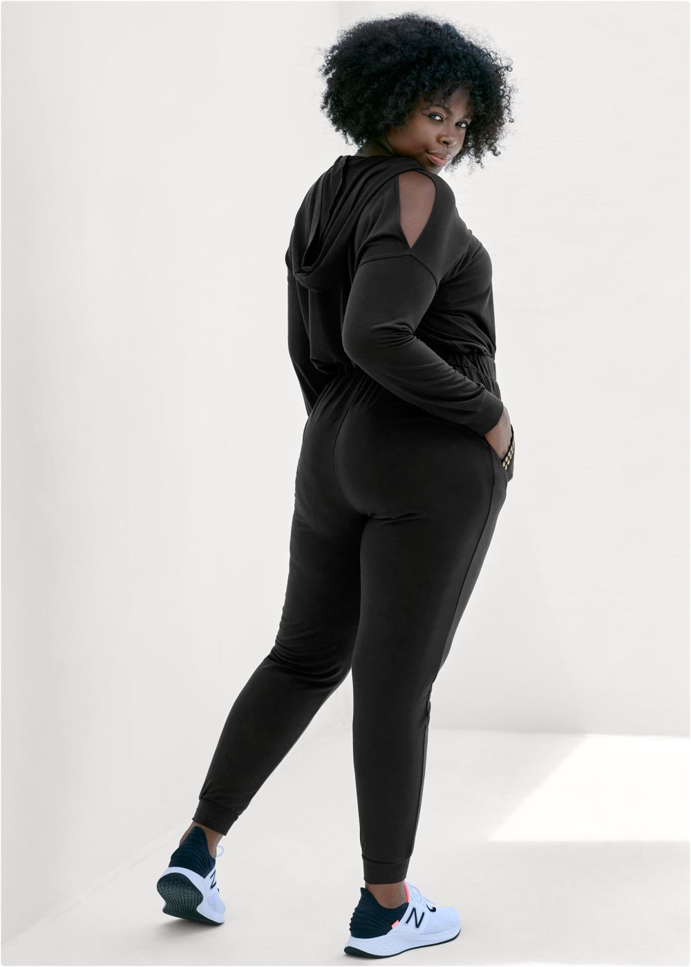 Venus Plus Size Gold Stud Hooded Jumpsuit in Black
