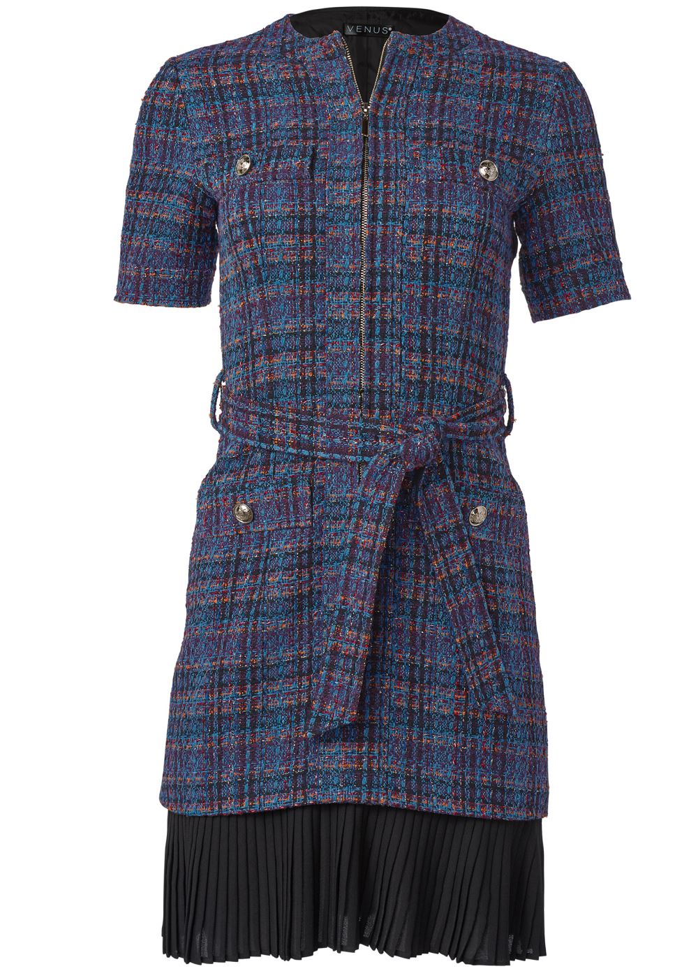 Venus Navy Multi BELTED TWEED DRESS