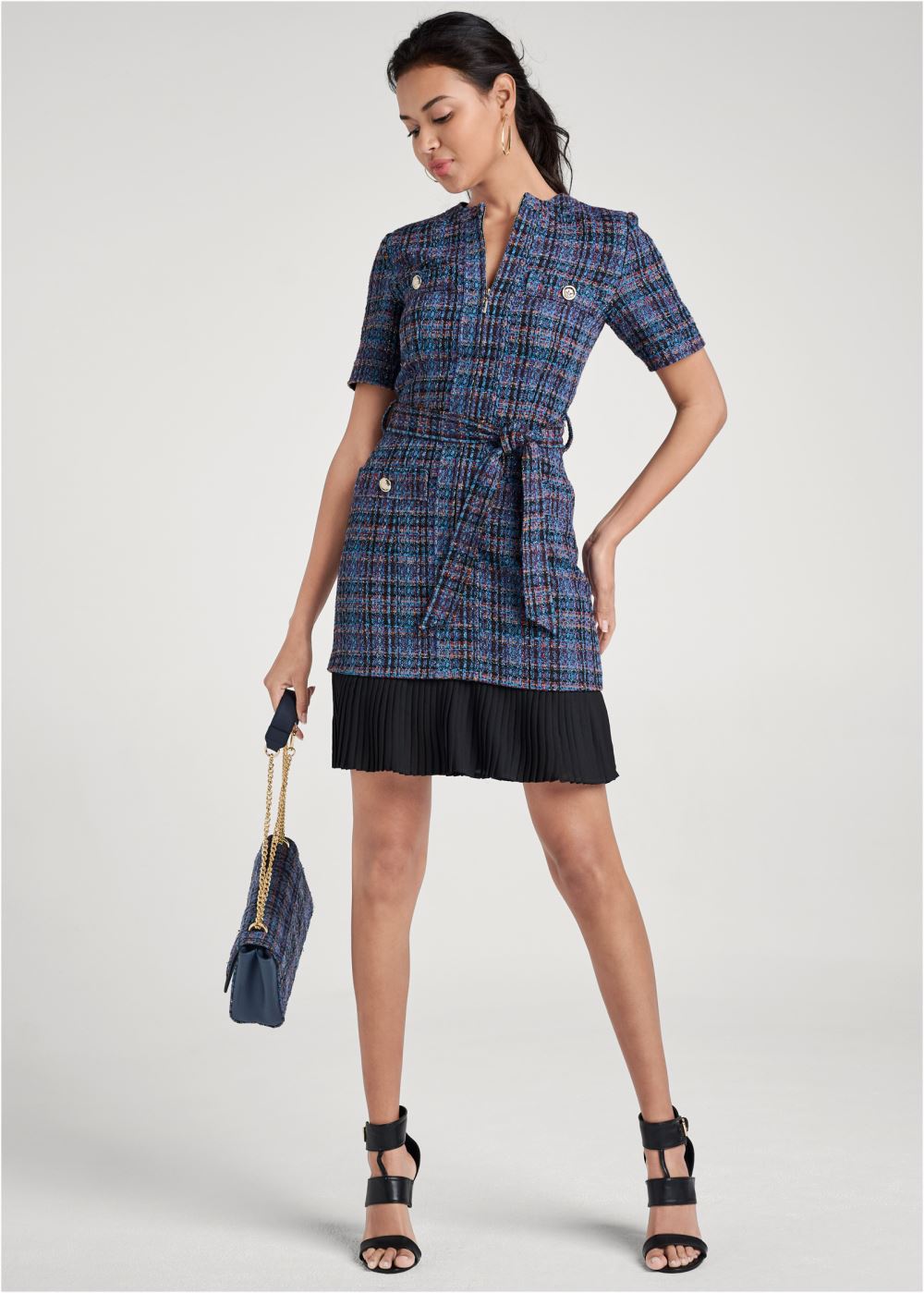 Venus Navy Multi BELTED TWEED DRESS