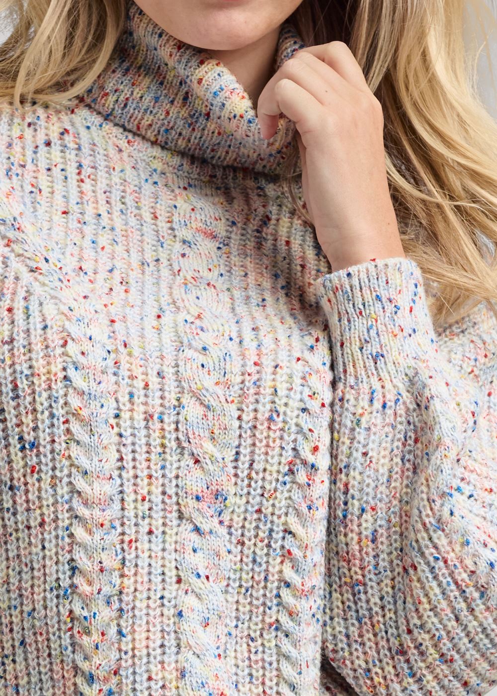 Venus Plus Size Popcorn Cable Knit Sweater in White Multi
