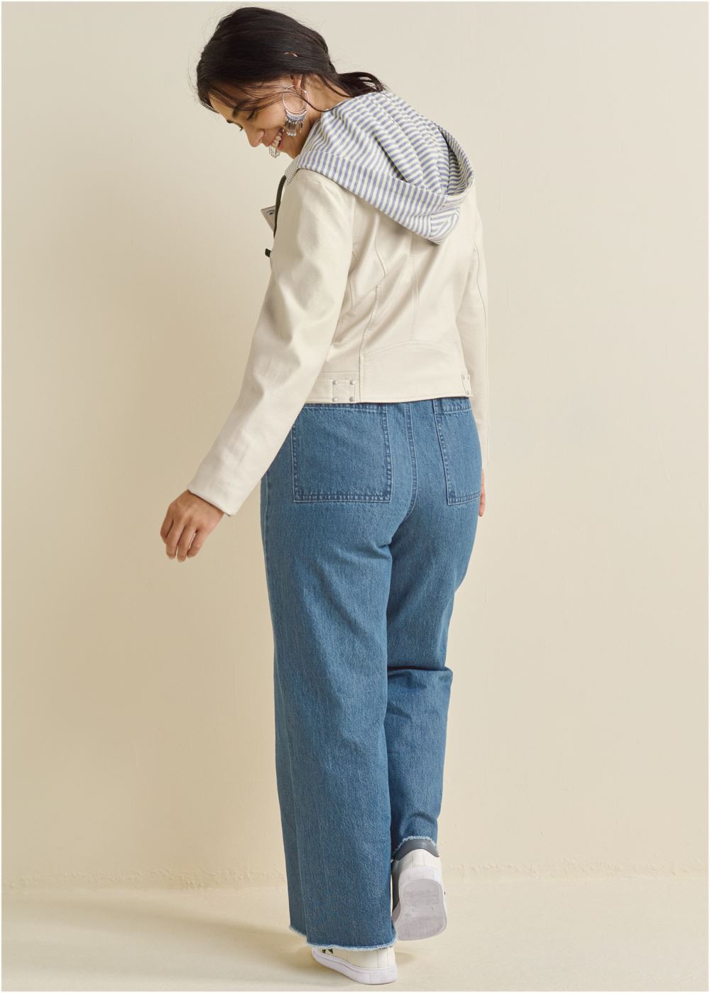 Venus Faux-Leather Moto Jacket in Cream Multi