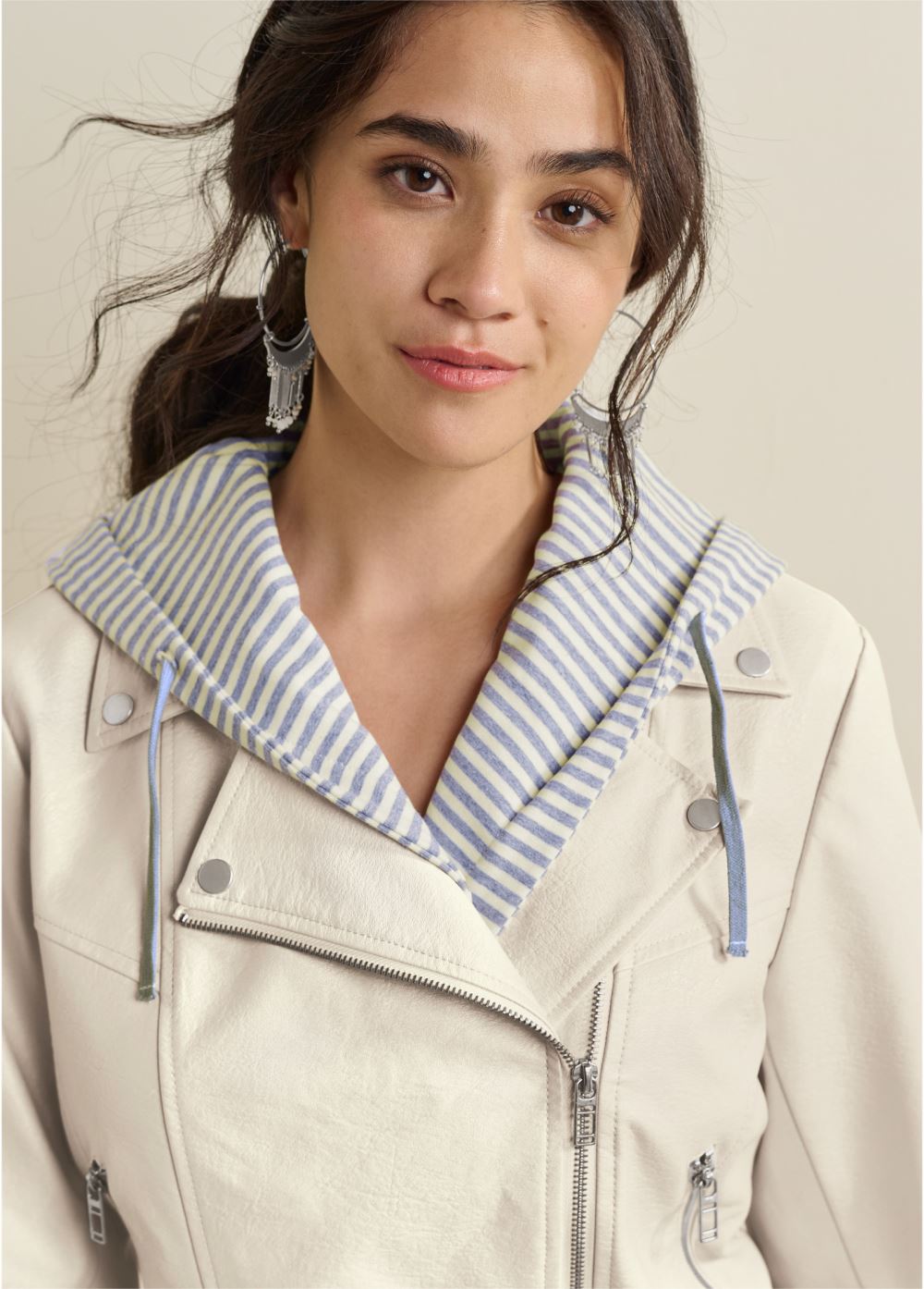 Venus Faux-Leather Moto Jacket in Cream Multi