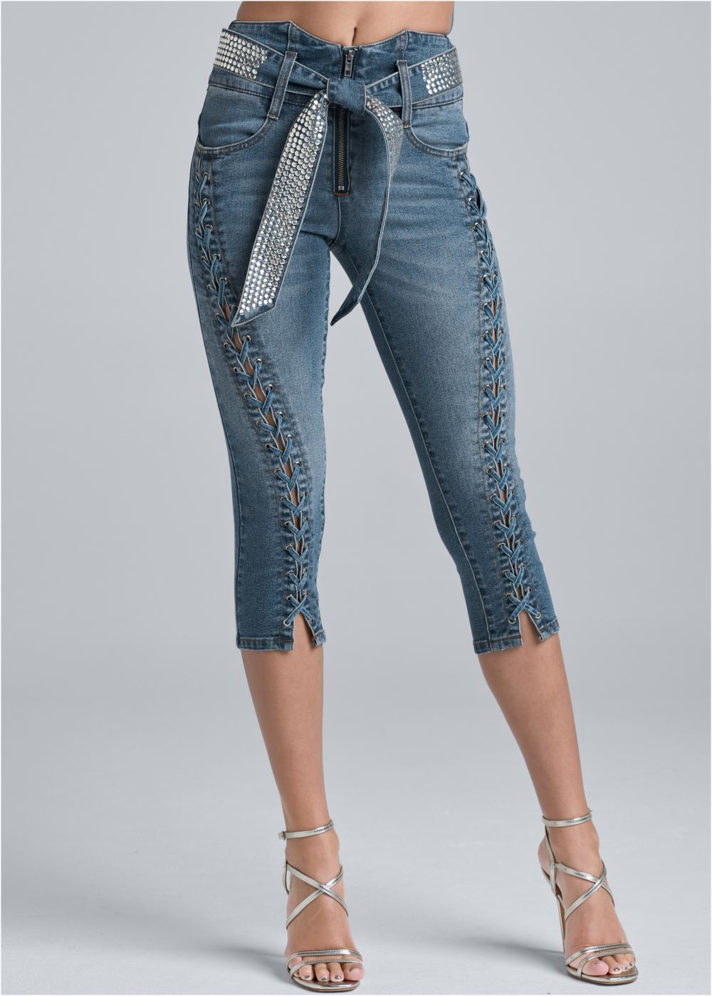 Venus Plus Size Lace-Up Tie Belt Jean Capris in Medium Wash