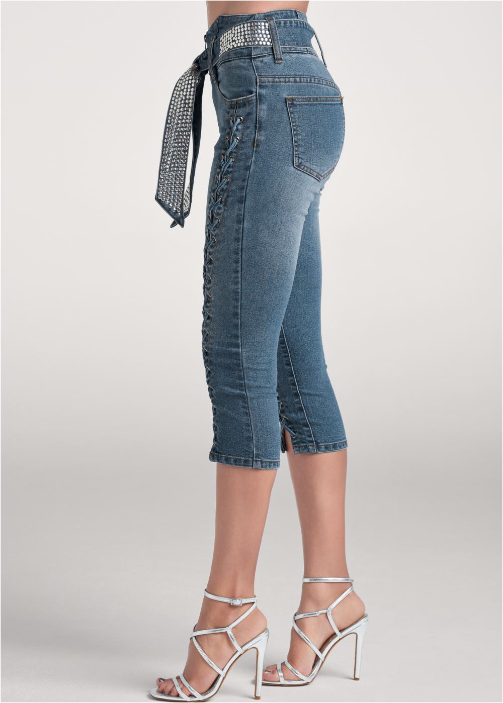 Venus Plus Size Lace-Up Tie Belt Jean Capris in Medium Wash