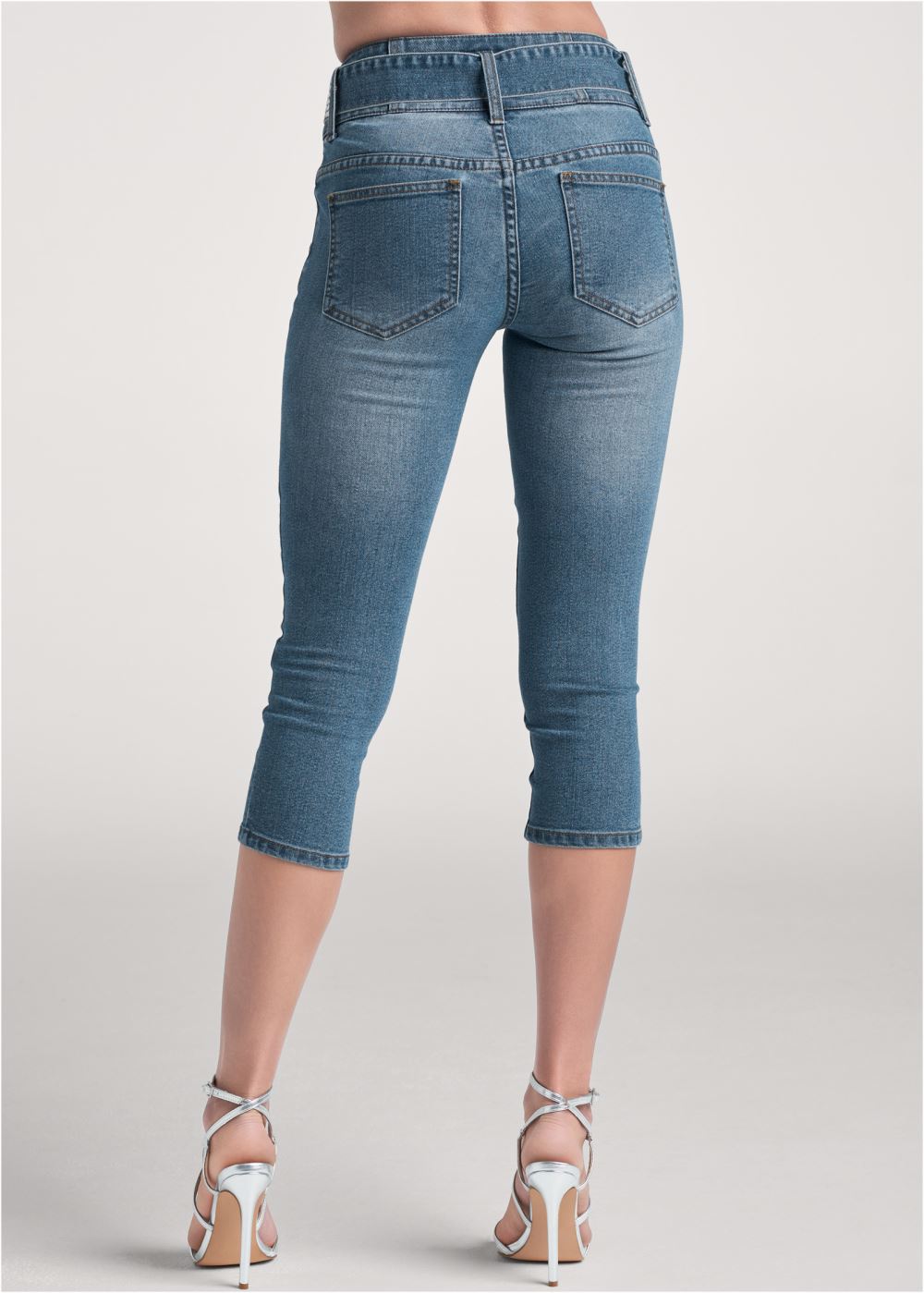 Venus Plus Size Lace-Up Tie Belt Jean Capris in Medium Wash