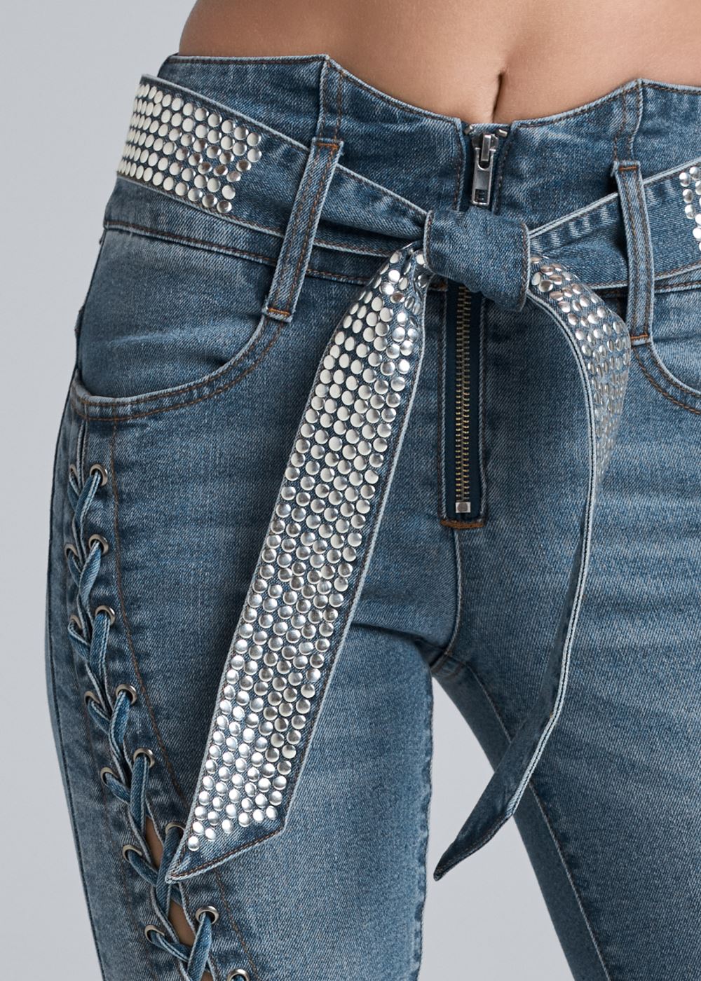 Venus Plus Size Lace-Up Tie Belt Jean Capris in Medium Wash