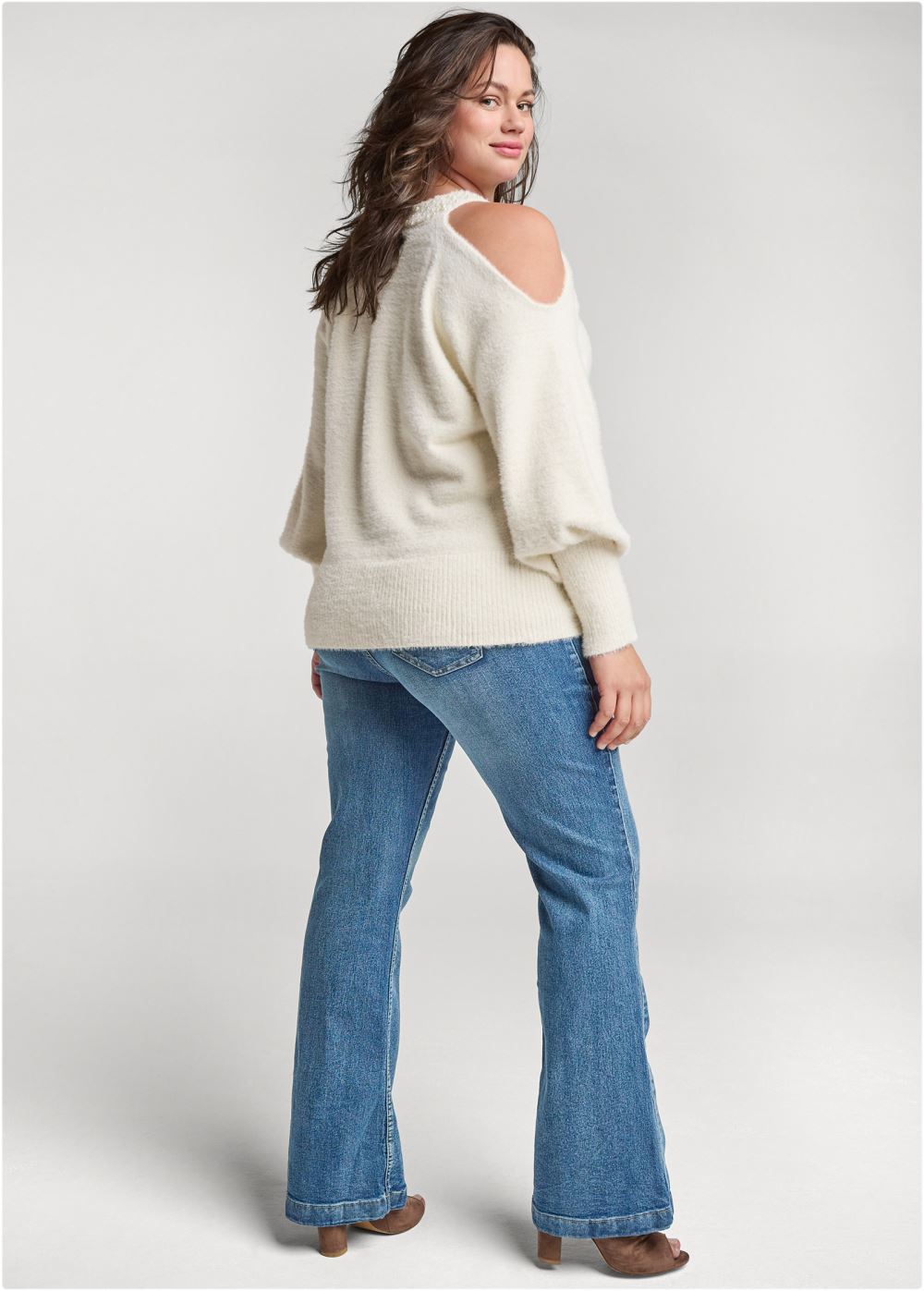 Venus Plus Size Cozy Cold Shoulder Sweater in Off White