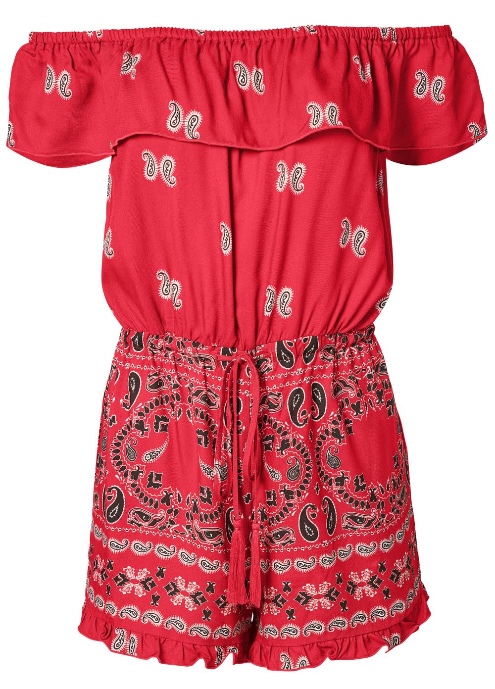 Venus Plus Size Off-The-Shoulder Bandana Print Romper in Red Multi